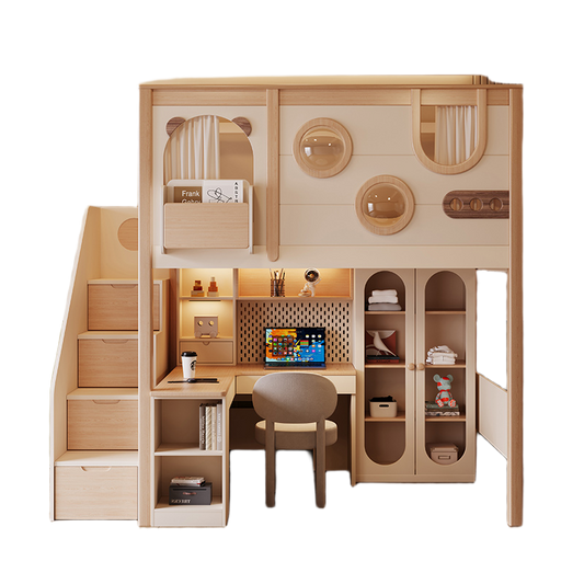 Elegant High-Grade Wood Loft Bed with Desk, Bookshelf, Wardrobe, Slide, and Free Mattress - New