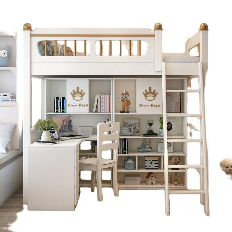 Elegant High-Quality Wood Loft Bunk Bed with Slide, Ladder, Bookcase, Desk, and Wardrobe