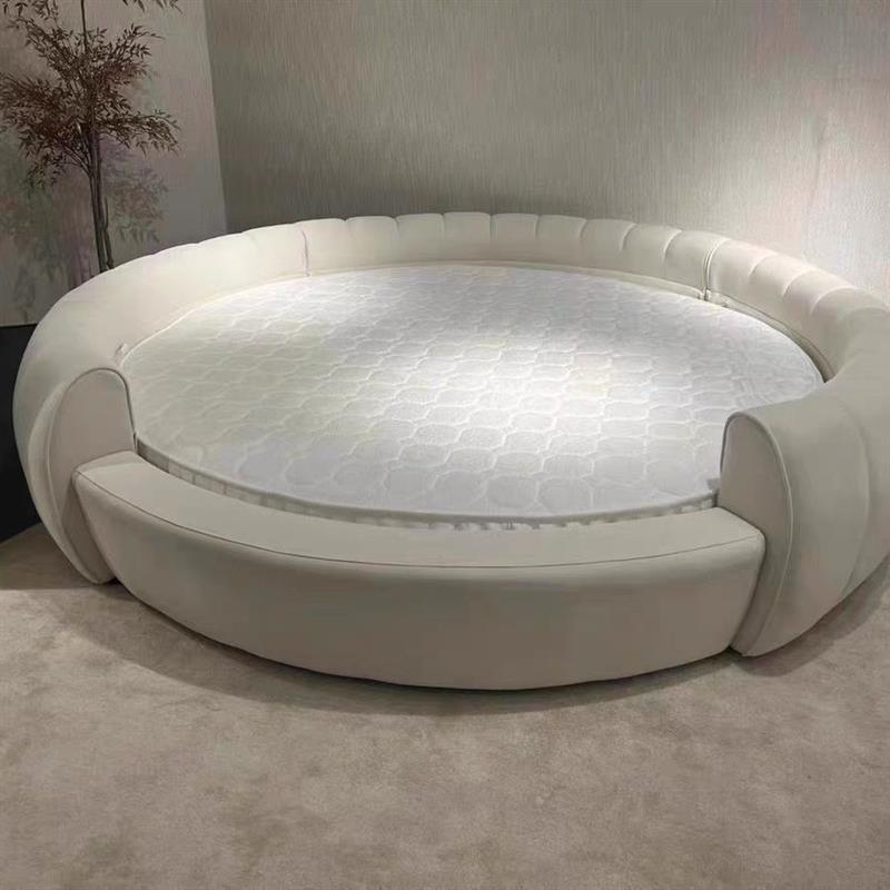 Cream-Style Round Bed – Modern Double Princess Wedding Bed with Spring & Latex Mattress for Home or Hotel