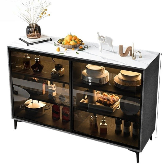 Custom Sintered Stone Sideboard with Sliding Glass Doors – Modern Luxury Cabinet with Motion Sensor Light for Kitchen & Dining