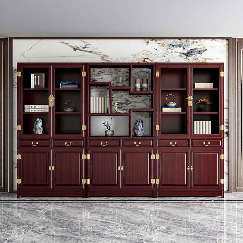 Chinese-Style Solid Wood Bookshelf - Elm Carved Storage Cabinet with Doors for Study or Office