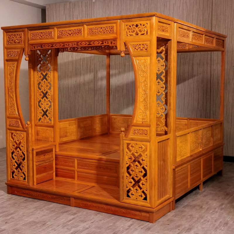 Traditional Chinese Canopy Bed – Antique-Style Carved Rosewood Step Bed in Red Pear or Wood