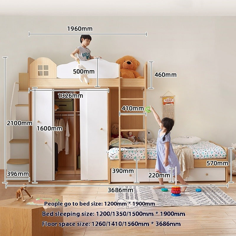 Elegant Kids Bunk Bed with Storage and Cloakroom, Sturdy Wooden Frame, Multiple Sizes