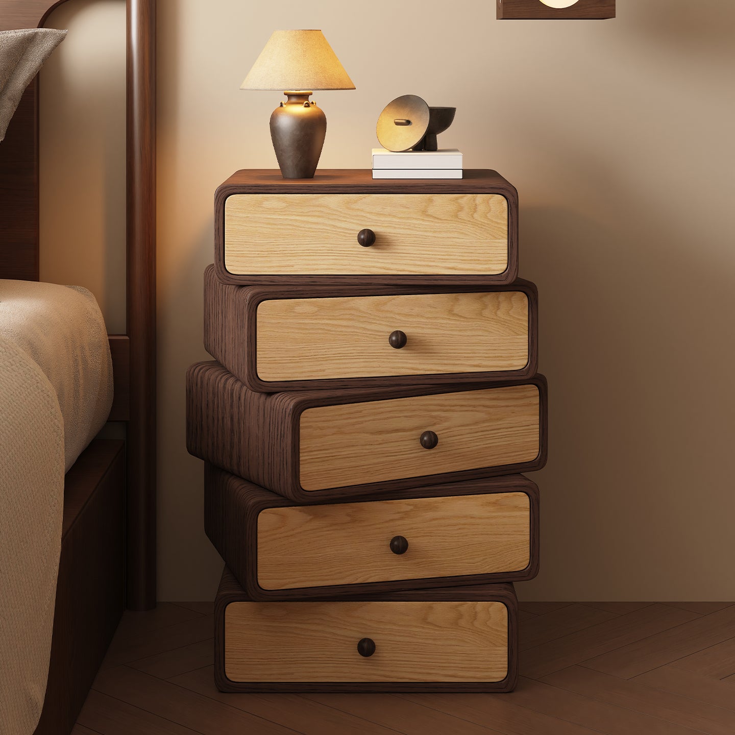 Rotatable Solid Wood Bedside Table – Compact Vintage-Modern Nightstand for Bedroom Storage