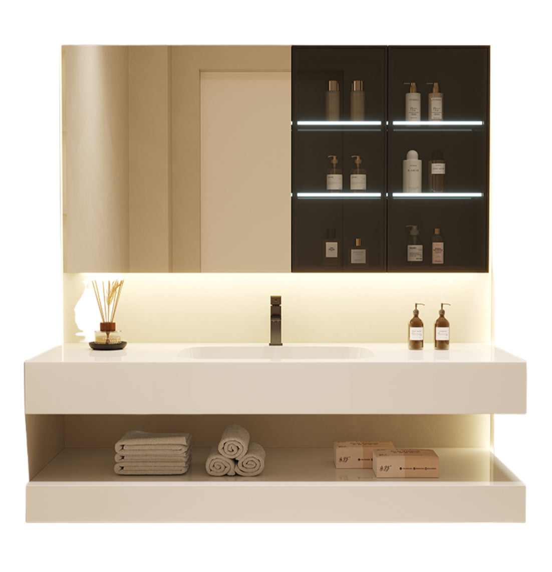 Cream-Style Bathroom Vanity – Seamless Sintered Stone & Ceramic Basin Set with Smart LED Half-Round Mirror