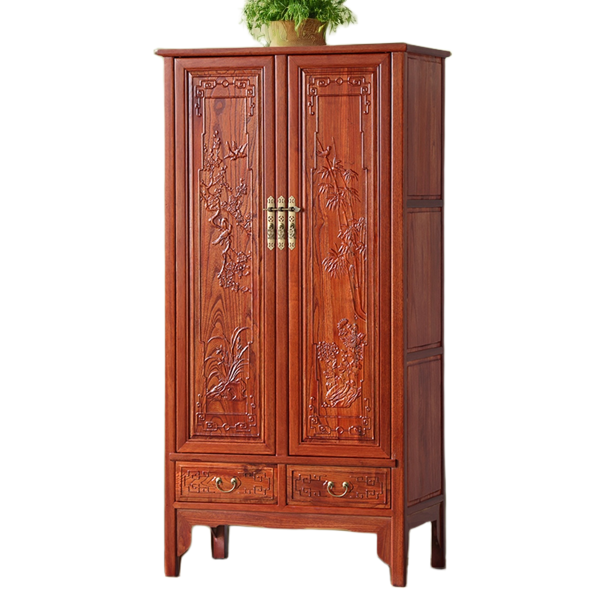 Chinese-Style Solid Wood Wardrobe – 2-Door Carved Armoire with Top Cabinet for Bedroom Storage