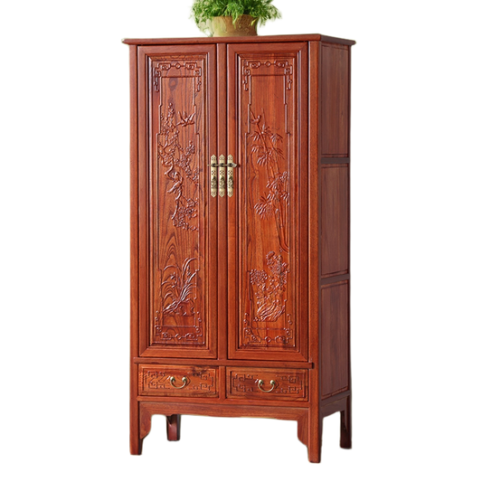Chinese-Style Solid Wood Wardrobe – 2-Door Carved Armoire with Top Cabinet for Bedroom Storage