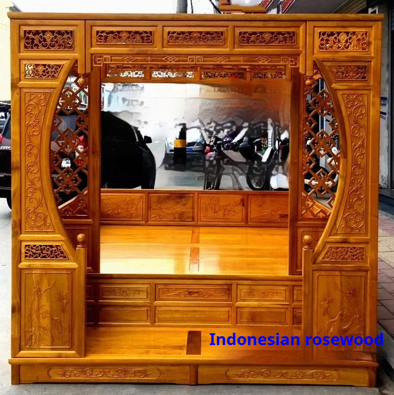 Traditional Chinese Canopy Bed – Antique-Style Carved Rosewood Step Bed in Red Pear or Wood