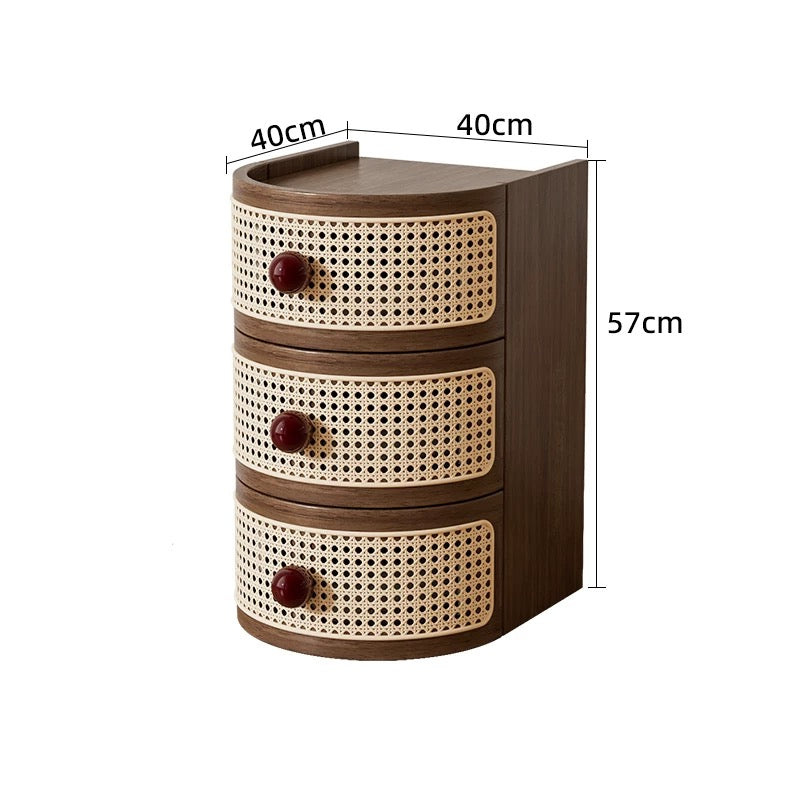 Vintage Japanese-Style Bedside Table – Solid Wood Nightstand with Rattan Design for Bedroom Storage