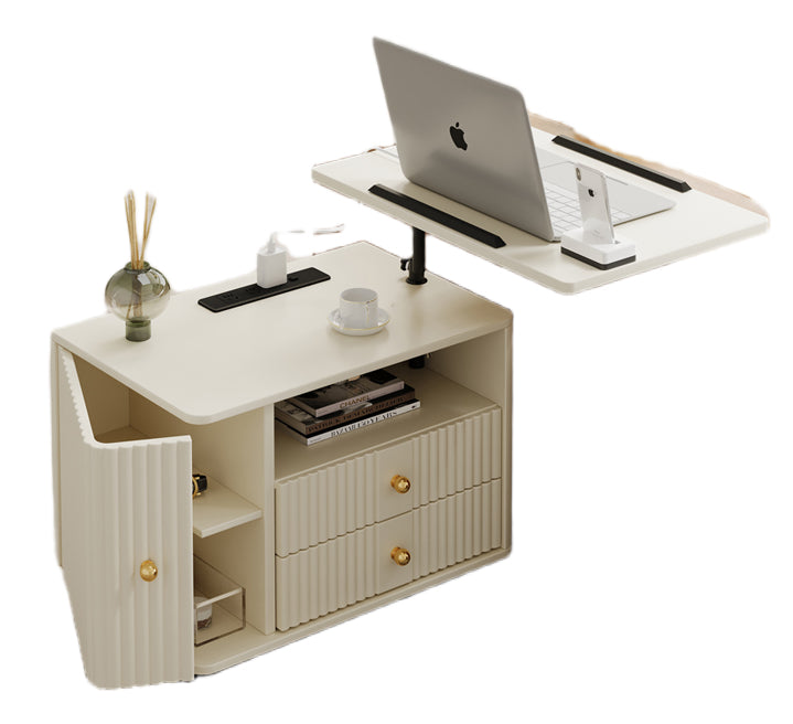 Adjustable Mobile Bedside Table – Cream-Style Multifunction Storage Rack & Laptop Desk with Solid Wood Panels