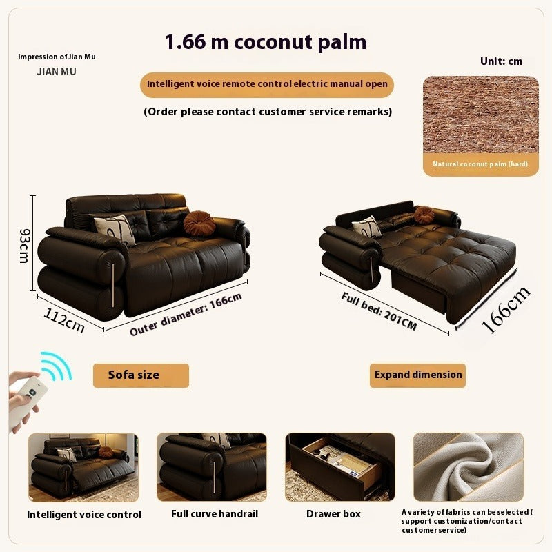 Elegant Coconut Palm Leather Electric Sofa Bed with Storage, Full Size, 166cm