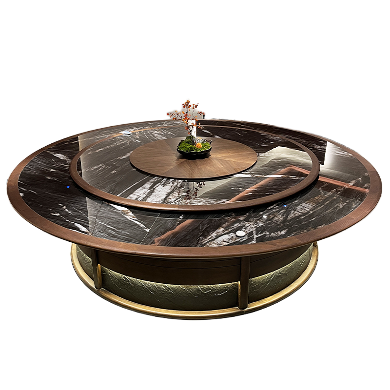 Electric Round Dining Table with Marble Lazy Susan & Solid Wood Base in Modern Chinese Style