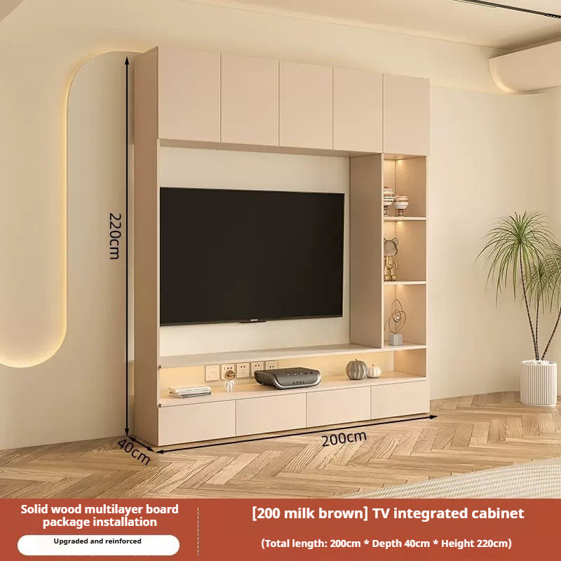 Solid Wood TV Cabinet Set – Cream-Style All-in-One Media Wall Unit with Storage for Living Room