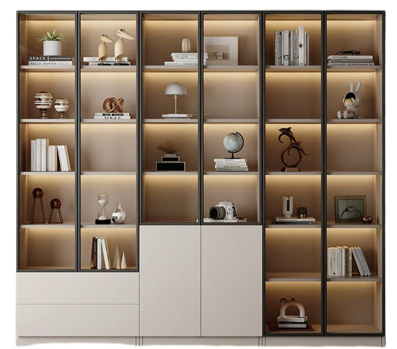 Custom Full-Wall Chinese Bookshelf – Solid Wood Display Cabinet with Glass Doors & Thick Reinforced Back Panel