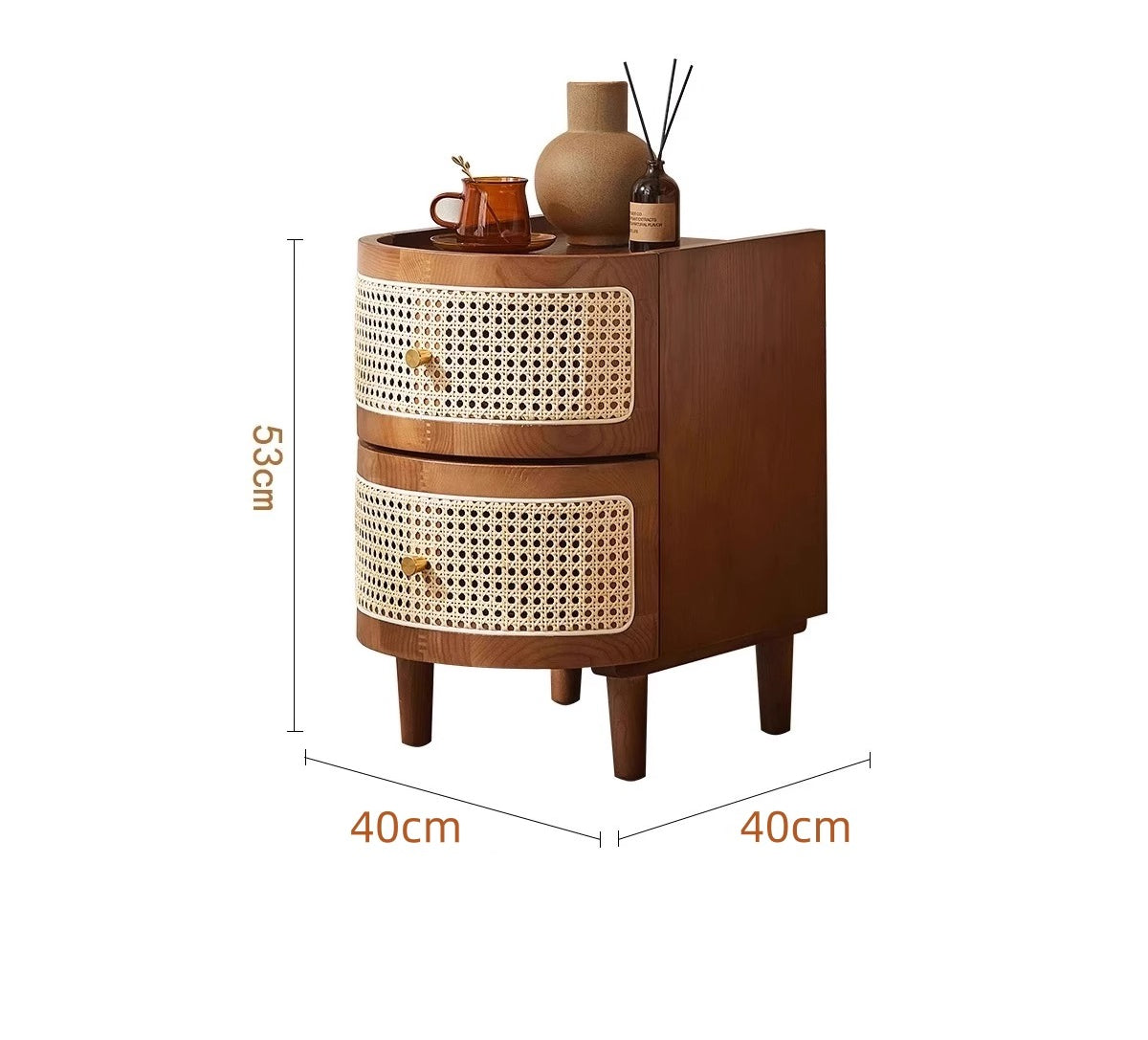 Vintage Japanese-Style Bedside Table – Solid Wood Nightstand with Rattan Design for Bedroom Storage
