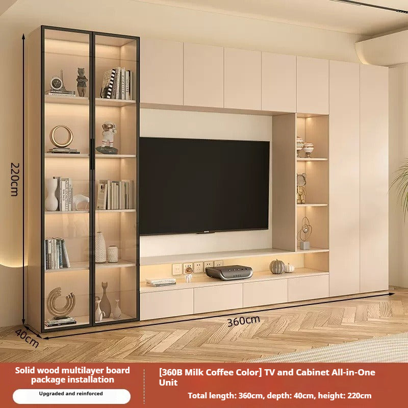 Solid Wood TV Cabinet Set – Cream-Style All-in-One Media Wall Unit with Storage for Living Room