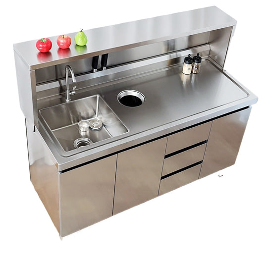 Stainless Steel Prep & Checkout Table – Integrated Sink, Workstation & Storage Cabinet for Kitchen or Retail Use