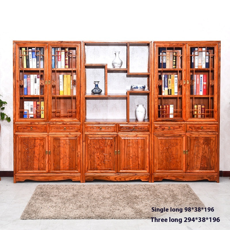 Chinese-Style Elm Wood Bookshelf – Antique Solid Wood Storage Cabinet for Living Room, Study & Office, No Glass Doors
