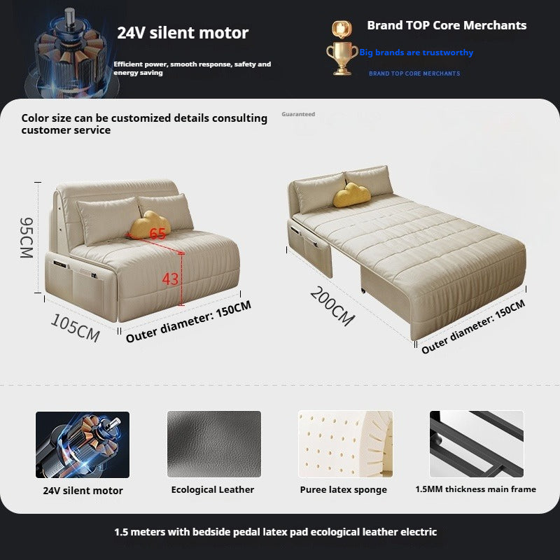 Smart Electric Leather Sofa Bed - Multifunction Folding Recliner with Latex Mattress for Small Spaces
