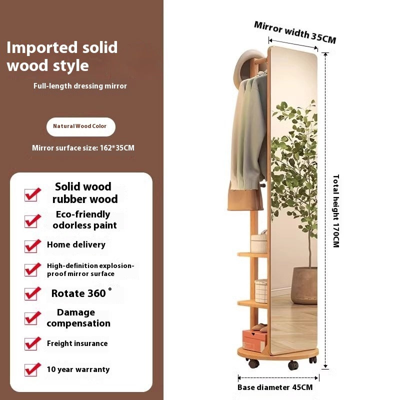 Rotating Freestanding Full-Length Mirror with Built-in Coat Rack – Mobile Dressing Mirror for Bedroom