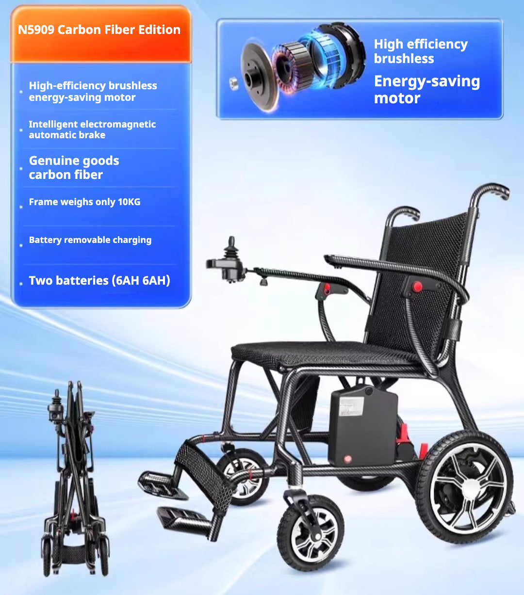 Elegant Carbon Fiber Electric Wheelchair with Brushless Motor, 12AH Lithium Battery, Auto-Folding, Extended Range - Single Item