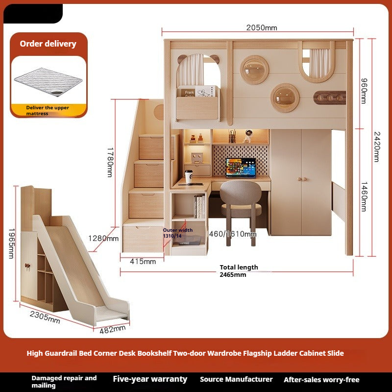 Elegant High-Grade Wood Loft Bed with Desk, Bookshelf, Wardrobe, Slide, and Free Mattress - New