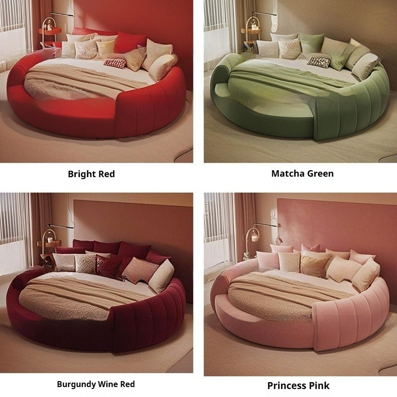 Cream Puff Round Bed – Italian Minimalist Velvet Double Bed with Latex Mattress for Master Bedroom & Wedding Use