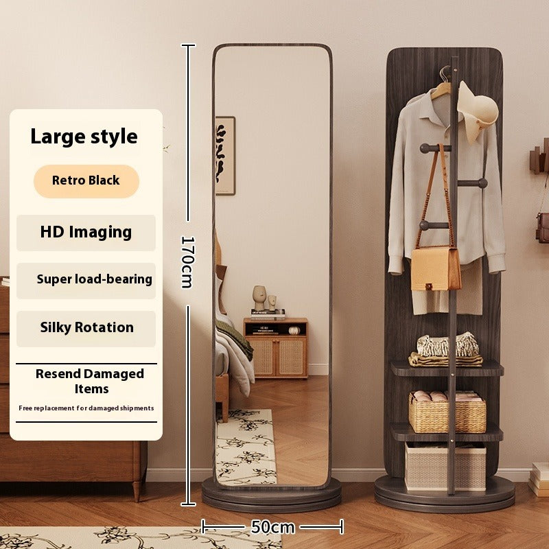 Rotating Full-Length Mirror with Coat Rack – Freestanding Dressing Mirror with Hooks and Wheels for Bedroom Use