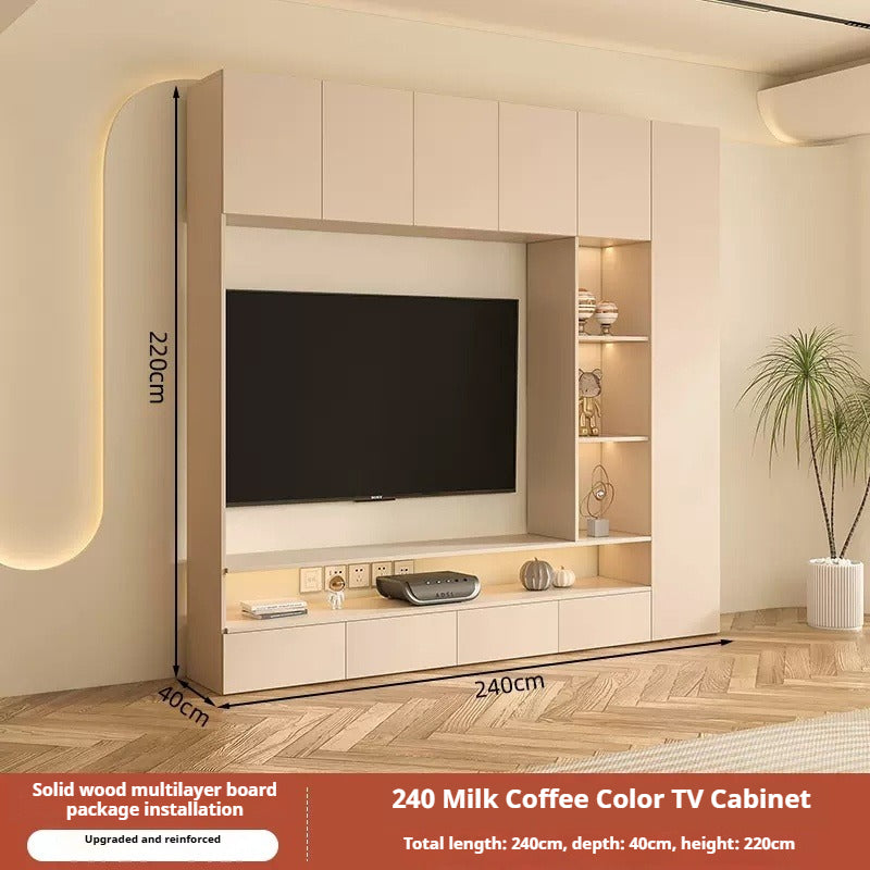 Solid Wood TV Cabinet Set – Cream-Style All-in-One Media Wall Unit with Storage for Living Room