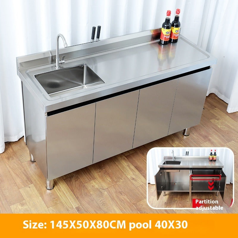 Stainless Steel Prep & Checkout Table – Integrated Sink, Workstation & Storage Cabinet for Kitchen or Retail Use