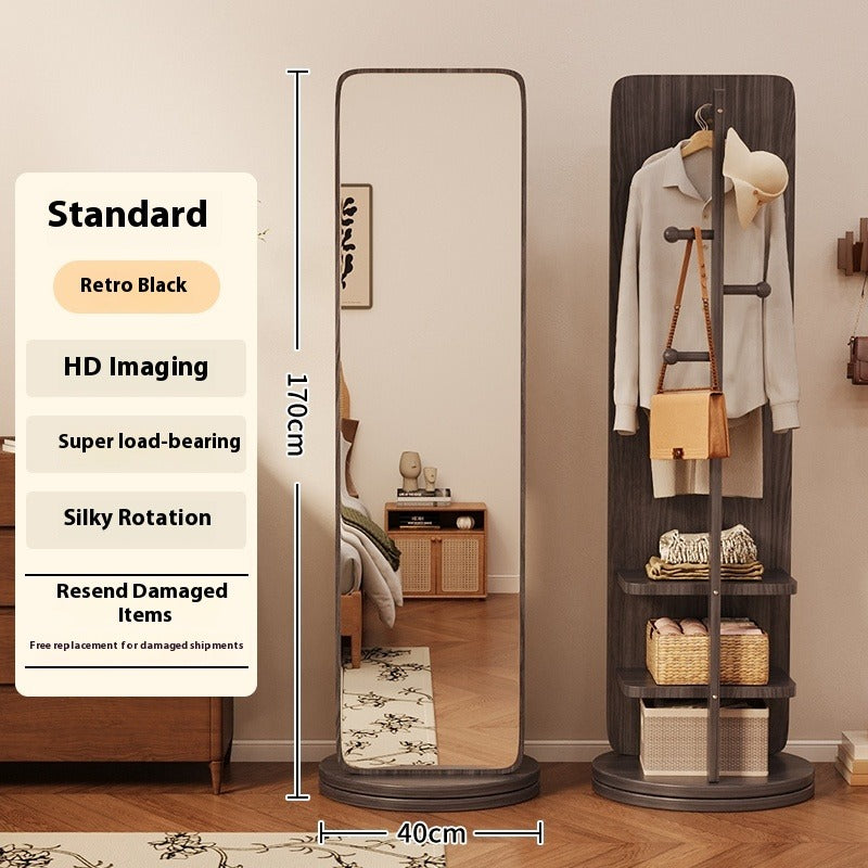 Rotating Full-Length Mirror with Coat Rack – Freestanding Dressing Mirror with Hooks and Wheels for Bedroom Use