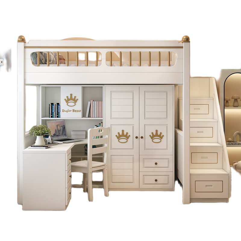 Elegant High-Quality Wood Loft Bunk Bed with Slide, Ladder, Bookcase, Desk, and Wardrobe