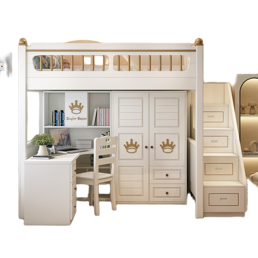 Elegant High-Quality Wood Loft Bunk Bed with Slide, Ladder, Bookcase, Desk, and Wardrobe