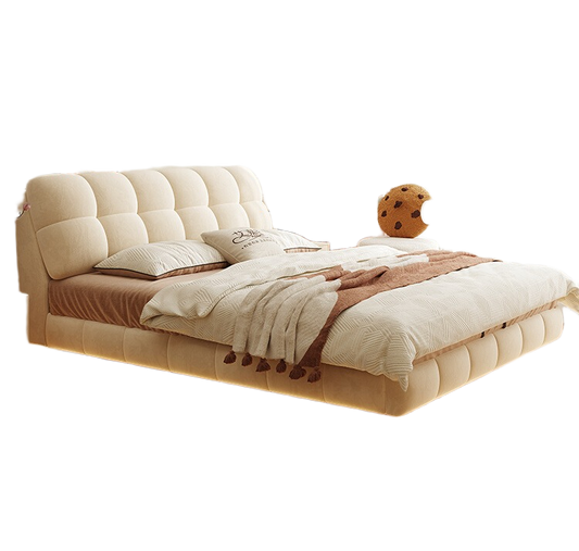 Elegant French Cream-Style Queen Size Fabric Bed with Independent Spring Mattress
