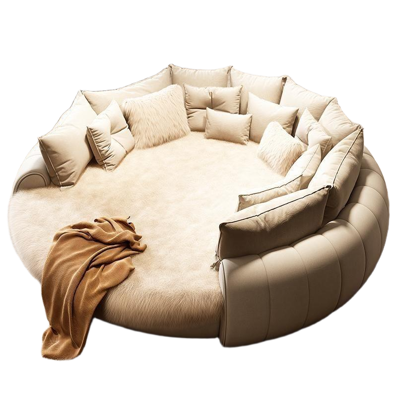 Cream-Style Round Bed – Modern Double Princess Wedding Bed with Spring & Latex Mattress for Home or Hotel