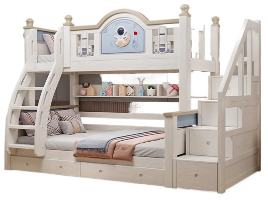 Elegant Solid Wood Bunk Bed with Bookshelf and Double Ladder - Double/Single/Full Size