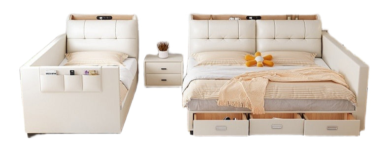 New Elegant Extra-Large Splicing Leather Bed with 2M L-Shape Mattress and 2-Child Storage