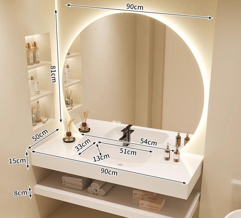 Cream-Style Bathroom Vanity – Seamless Sintered Stone & Ceramic Basin Set with Smart LED Half-Round Mirror