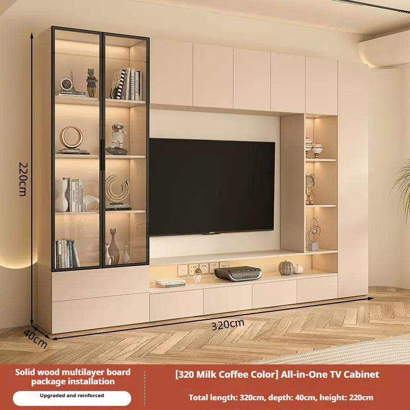 Solid Wood TV Cabinet Set – Cream-Style All-in-One Media Wall Unit with Storage for Living Room