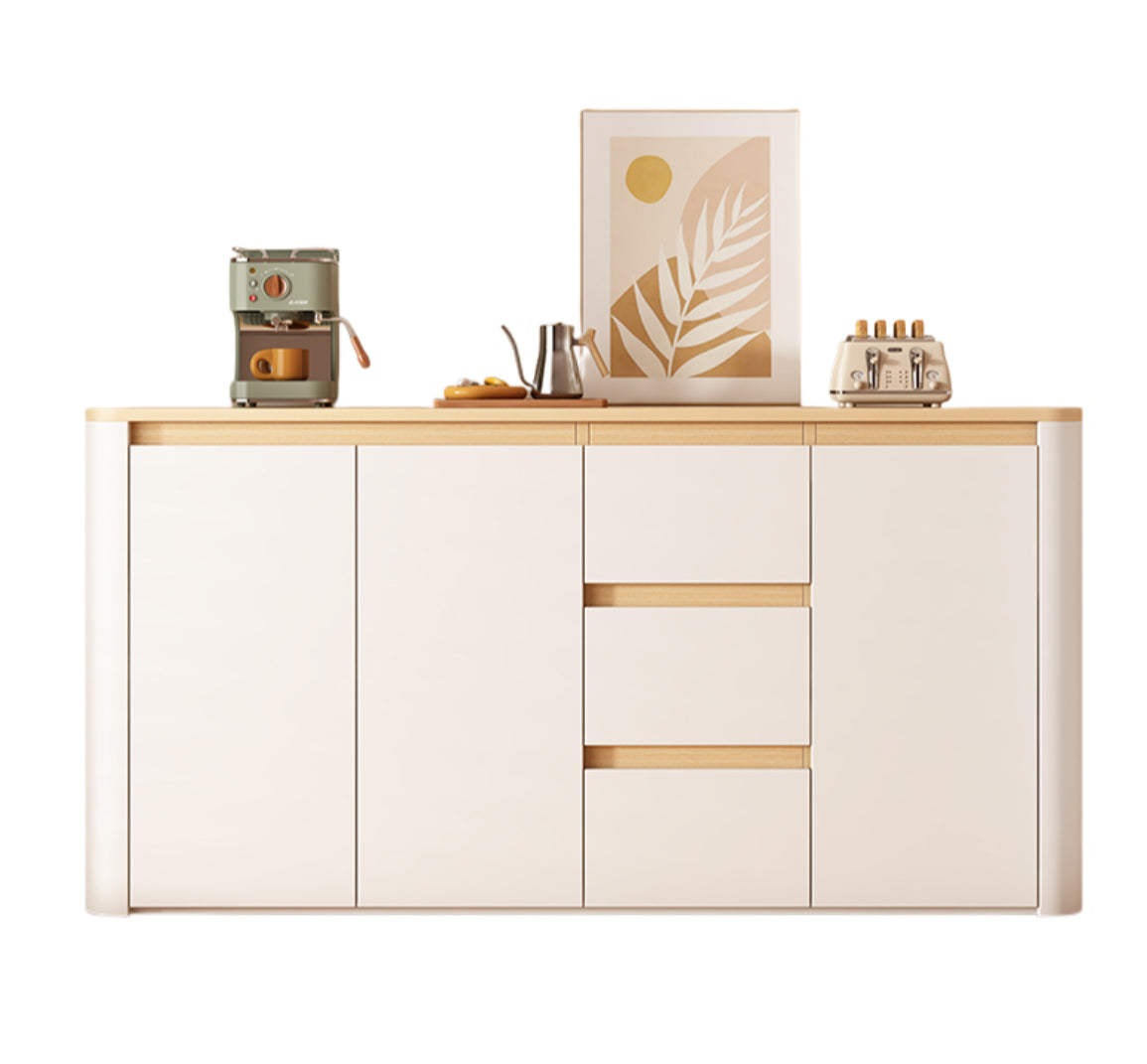 Cream-Style Rounded Corner Sideboard – Wall-Mounted Wooden Wine & Storage Cabinet with Pegboard for Kitchen or Living Room
