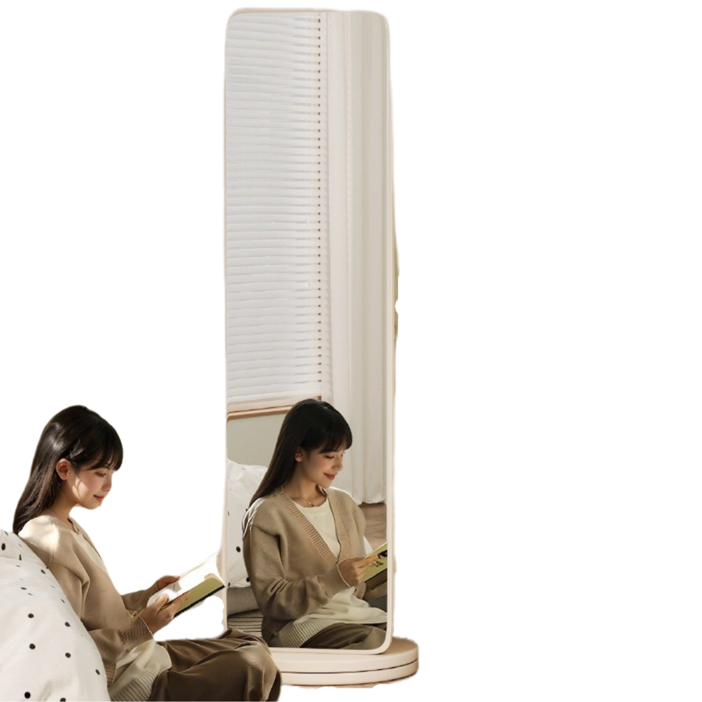 Rotating Full-Length Mirror with Coat Rack – Freestanding Dressing Mirror with Hooks and Wheels for Bedroom Use