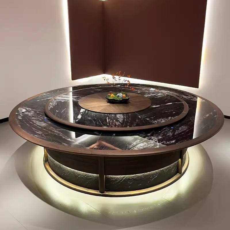 Electric Round Dining Table with Marble Lazy Susan & Solid Wood Base in Modern Chinese Style