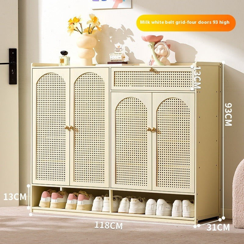 Cream-Style Entryway Shoe Cabinet – All-in-One Ventilated Storage with Mesh Doors for Living Room Divider Use