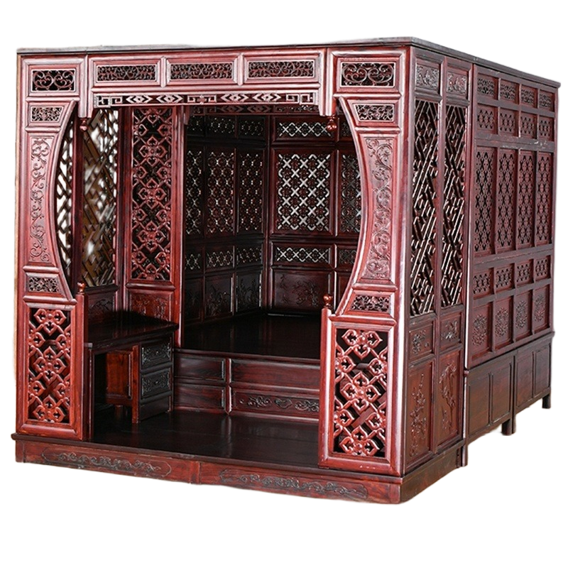 Traditional Chinese Canopy Bed – Antique-Style Carved Rosewood Step Bed in Red Pear or Wood