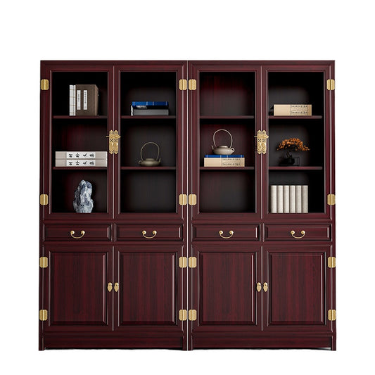 Chinese-Style Solid Wood Bookshelf - Elm Carved Storage Cabinet with Doors for Study or Office