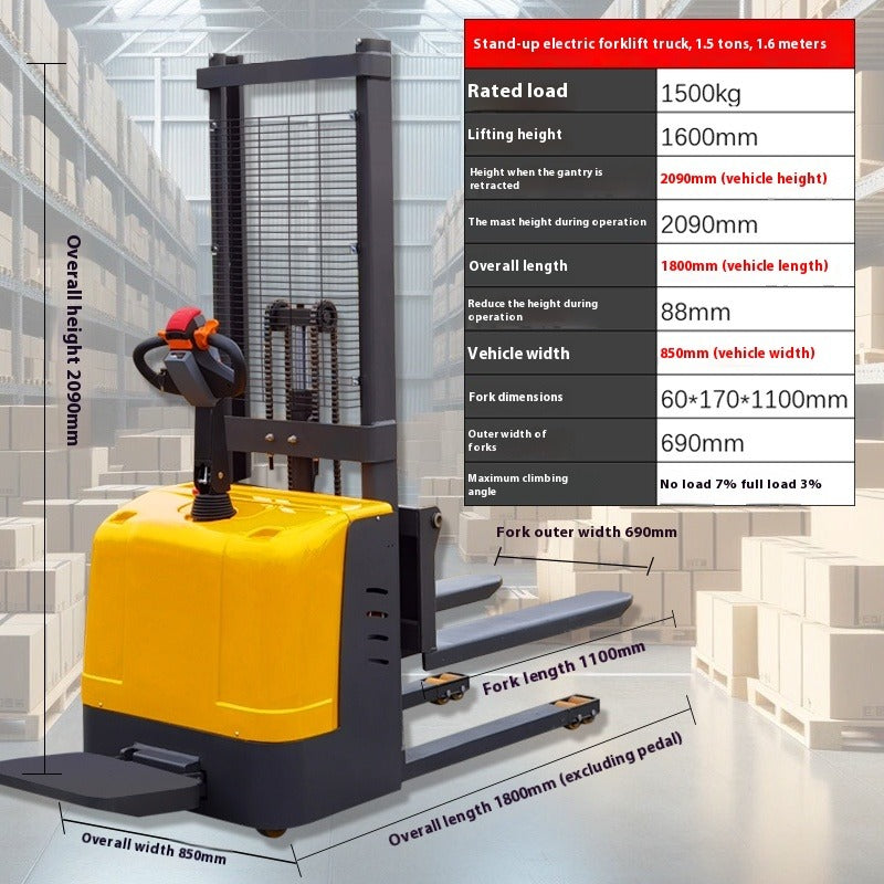 Compact Full Electric Forklift Stacker with Hydraulic Lift for Loading, Unloading & Pallet Handling
