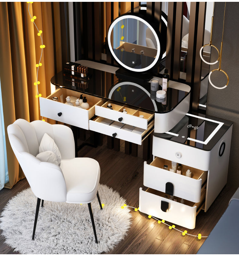 Smart Vanity Table with Wireless Charging & LED Mirror – Modern Minimalist Design, Includes Storage & Stool