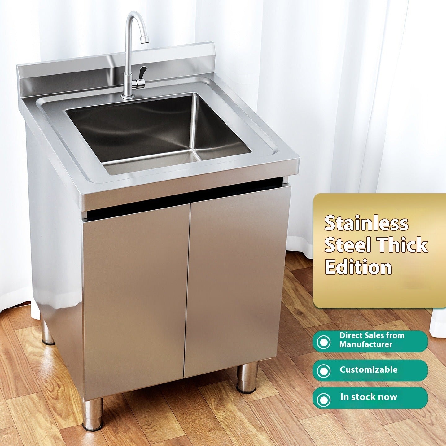 Stainless Steel Prep & Checkout Table – Integrated Sink, Workstation & Storage Cabinet for Kitchen or Retail Use