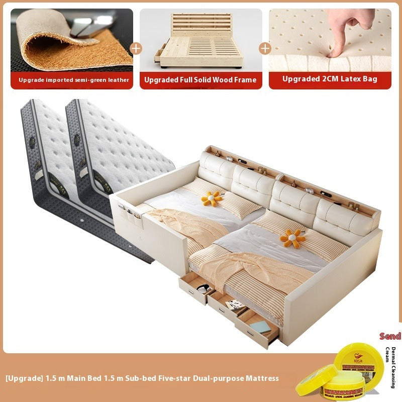 New Elegant Extra-Large Splicing Leather Bed with 2M L-Shape Mattress and 2-Child Storage