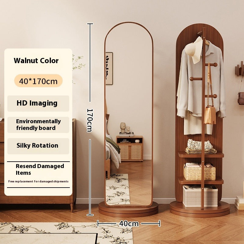 Rotating Full-Length Mirror with Coat Rack – Freestanding Dressing Mirror with Hooks and Wheels for Bedroom Use